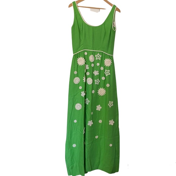 VINTAGE RETRO 60s 70s DAVIDSONS INDIANAPOLIS KELLY GREEN FLORAL MAXI DRESS - Picture 1 of 6
